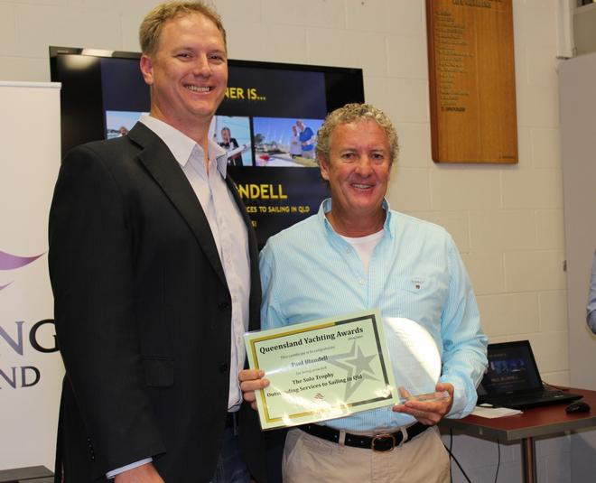 Queensland Yachting Awards 2015 winners. YQ Board member Matthew Johnson with Outstanding Services to Boating winner Paul Blundell.  © Tracey Johnstone